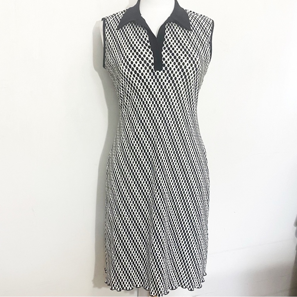 Studio Y Elegant Black & White Contrast Trim Geometric Print Sleeveless Dress M